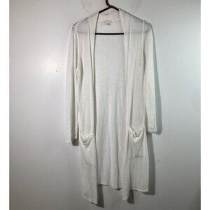 Womens J Jill Linen Blend Open Knit Cardigan 3/4 Sleeve Pockets White S Linen Vi